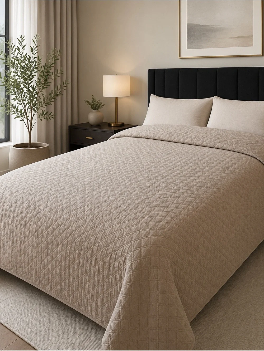 Vera Wang Queen Quilt Beige Diamond Textured Coverlet Like New Luxury Bedding  V